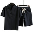 thumbnail image 4 of Vedolay Mens Casual Suit Solid Color Short Sleeve Shirt and Shorts Set,Black 3XL, 4 of 4
