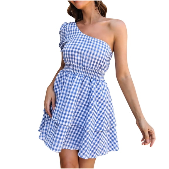 Casual Dresses for Women One Shoulder Sleeveless Lacing Flowy Tiered Short Dress Ladies Beach Summer Dresses