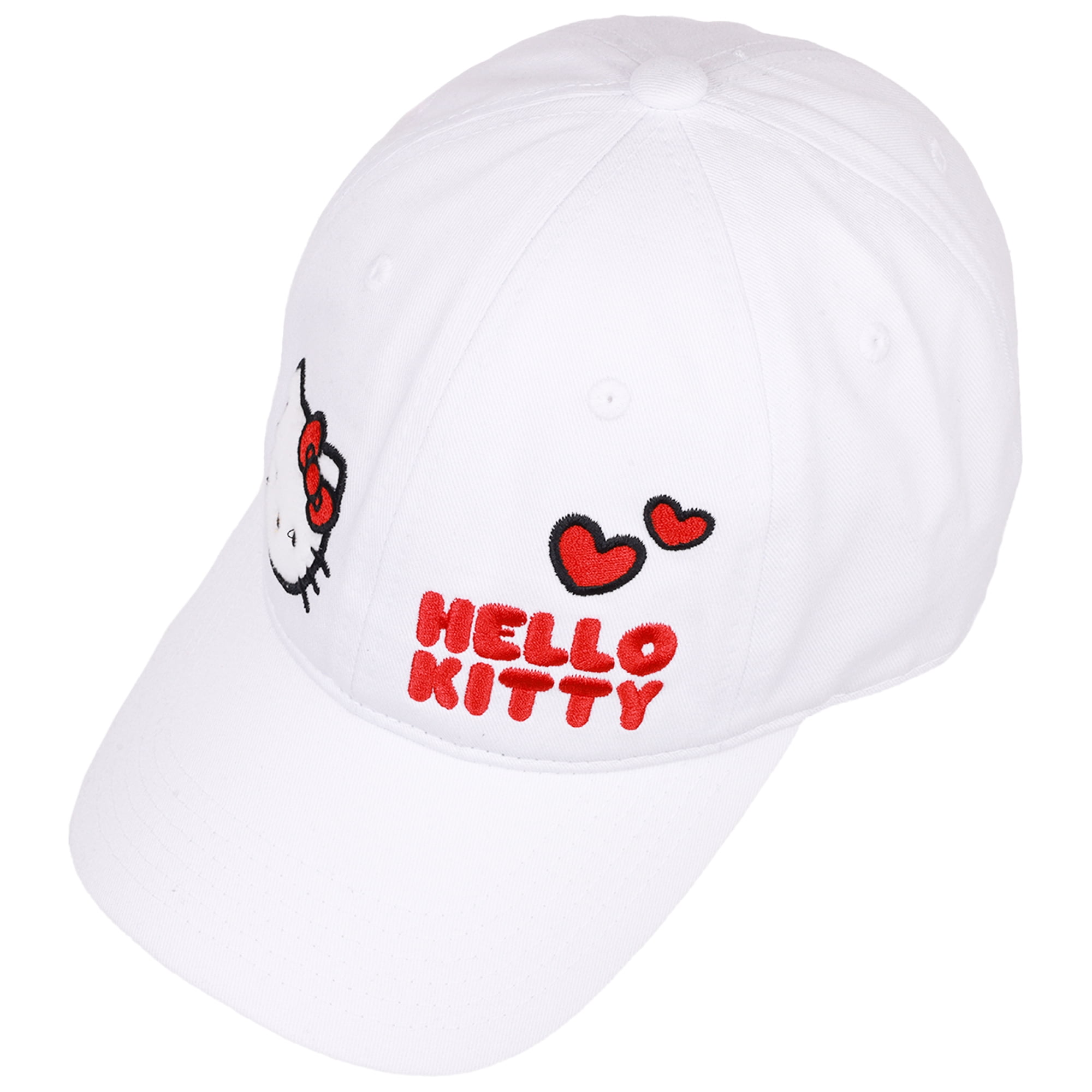 Hello Kitty Baseball Cap, Women's Dad Hat with Flat Brim and Faux Fur Patch, White, One Size