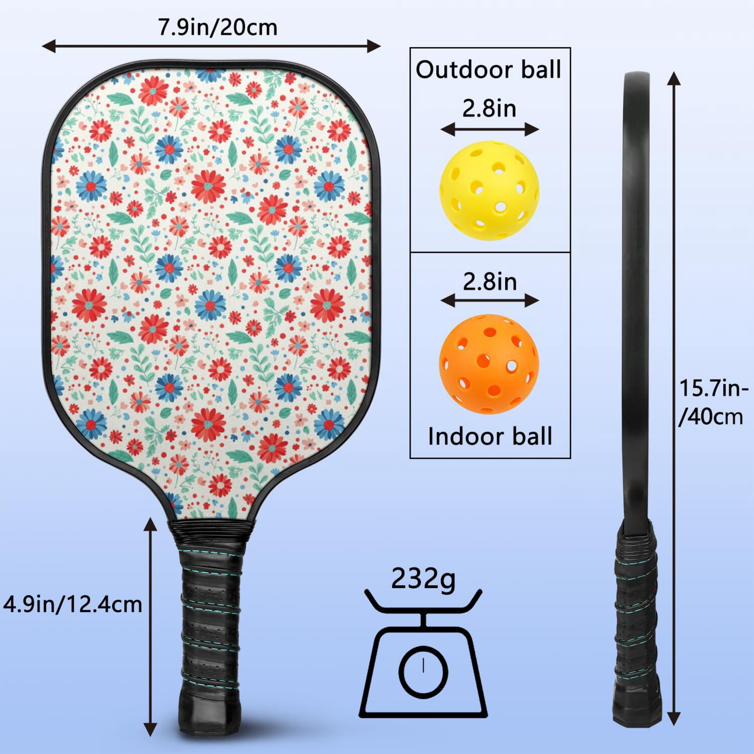 Pickleball Paddles Set,Pioneer Flower Floral Print Pattern Fiberglass Surface Pickleball Racket Set with 2 Indoor Outdoor Pickleball Balls and Pickleball Bag,Pickle-ball Equipment