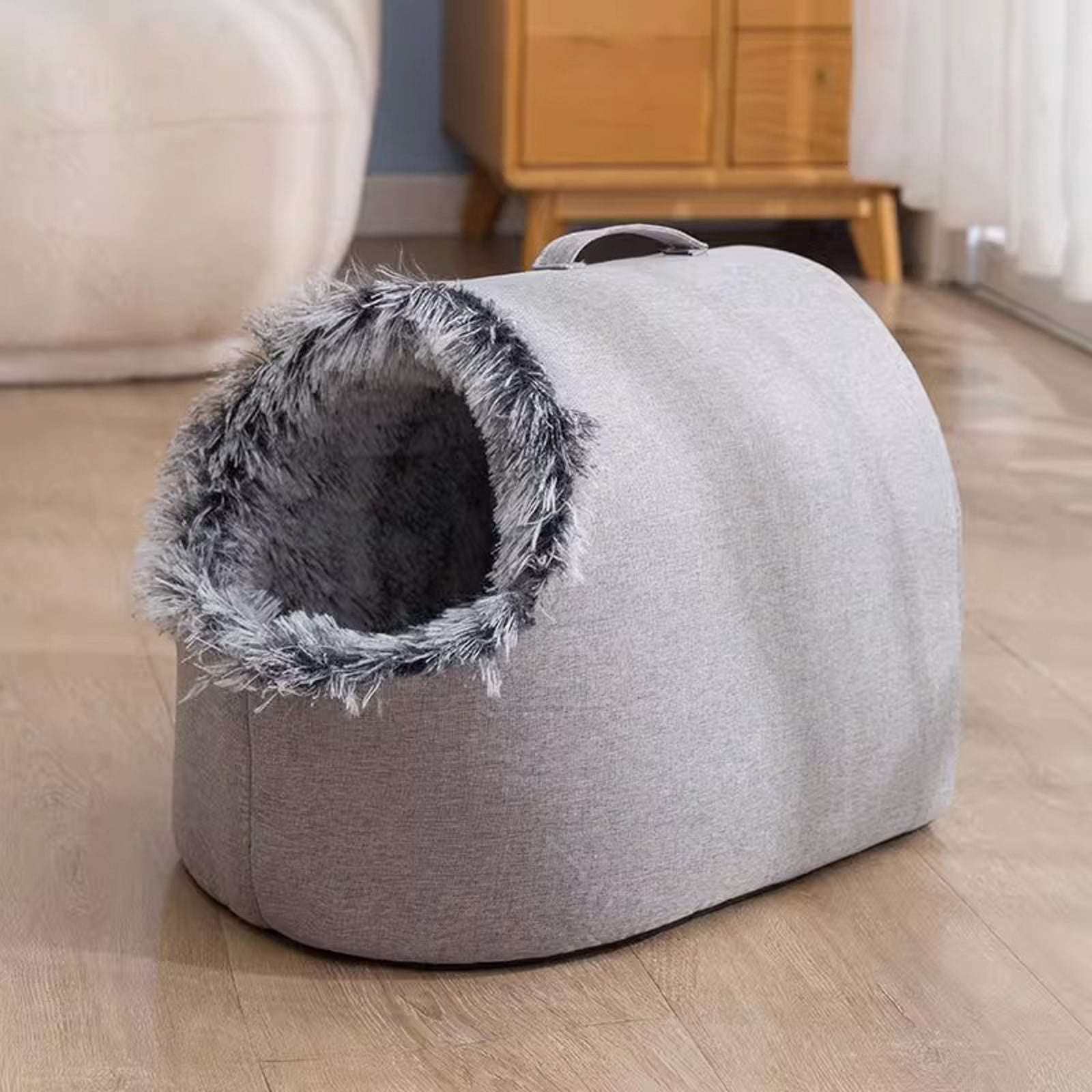 Portable Warm Cat Cave Bed, Soft Plush Hooded Pet Calming Nest - Washable Removable Cushion for Indoor Cats, Small Dogs, Winter Sleeping (9.84x11. Inches)