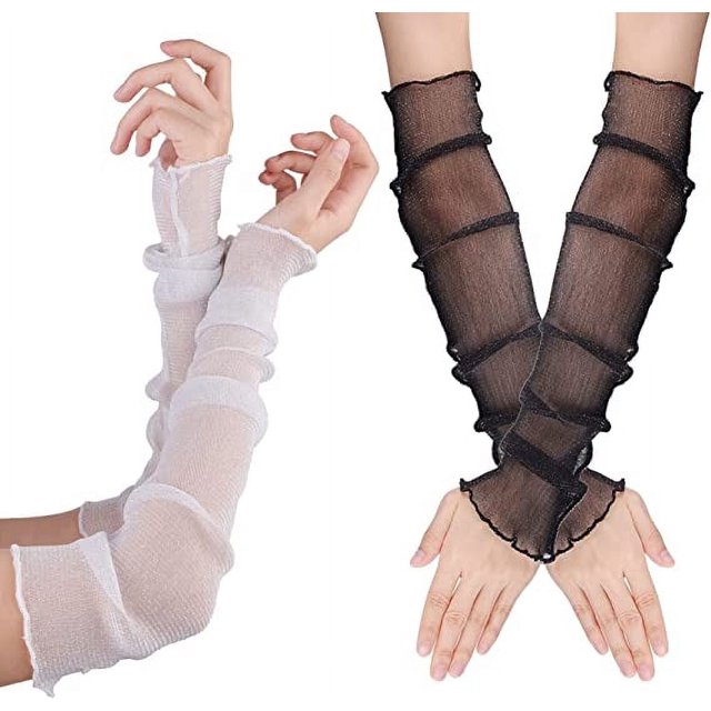2 pares de guantes de protección solar de verano (50 cm en blanco y negro), guantes sin dedos con protección solar de malla fría, adecuados para fiestas y actividades deportivas al aire libre