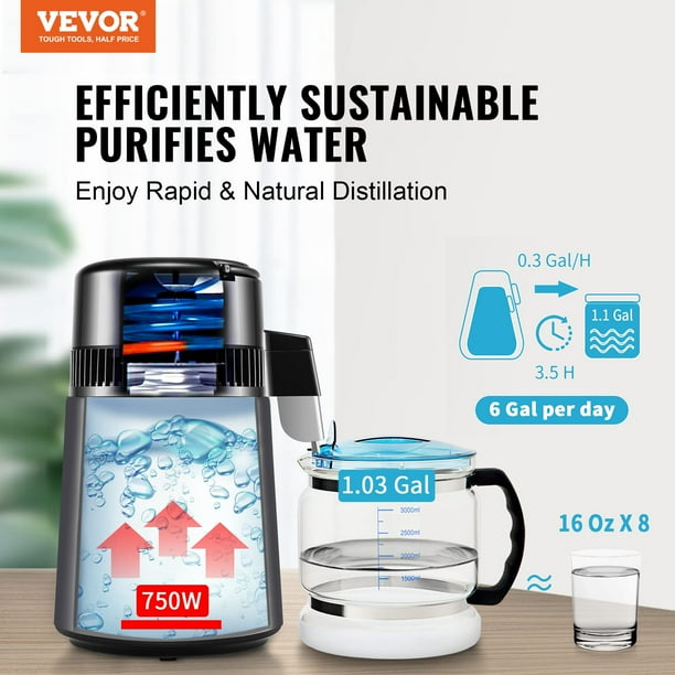 VEVOR Destilador de agua, filtro purificador de agua pura de 4 litros y 1,05 galones para encimera del hogar, fabricante de agua destilada de 750 W, destilador interior de acero inoxidable