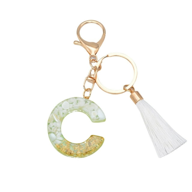 Crystal Drop Pendant Key Chain with Custom Letter and White Tassel for Bags or Keys