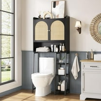 Rattan Over The Toilet Storage Cabinet, Bathroom Storage Cabinet Organizer with Adjustable Shelf and Metal Stand, Over Toilet Bathroom Shelf, Freestanding Space Saver for Restroom, Laundry, Black