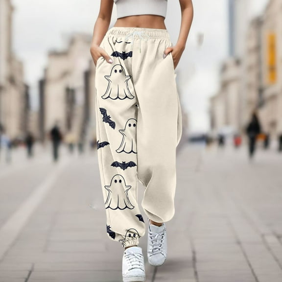 TrendOFT Baggy Halloween Sweatpants for Women Skeleton Pumpkin Print Open Bottom High Waist Joggers Athletic Gym Casual Sweat Pants Beige L