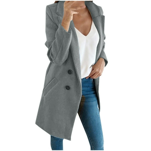 ICHUANYI Women Fashion Woolen Solid Mid Long Coat V Neck Lapel Jacket Outwear Fall Winter Clothes Outfits 2023