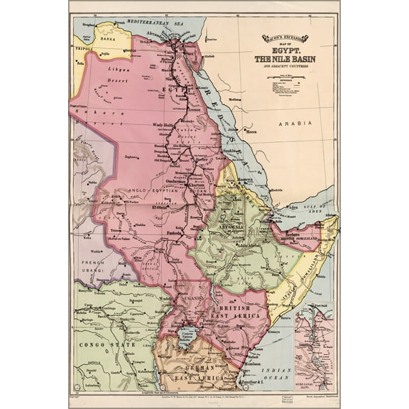24"x36" Gallery Poster, map of Egypt, the Nile basin and adjoining countries. 1916