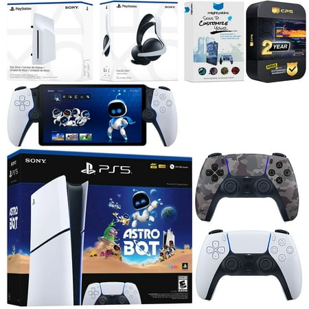 Sony PlayStation 5 Astro Bot Slim Digital Bundle with Disc Drive, Pulse Elite Headset, Extra Controller, PlayStation Portal, MightySkins Voucher and 2 Year Extended Warranty - Gray Camo