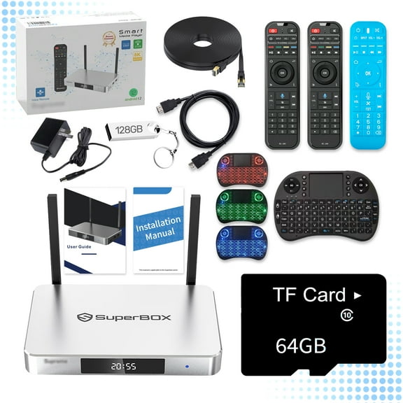 SUPERBOX SUPREME Voice Edition,Voice-controlled remote with alternate mini keyboard. Includes 128GB storage, Ethernet cable, 64GB TF card & remote case for enhanced viewing.