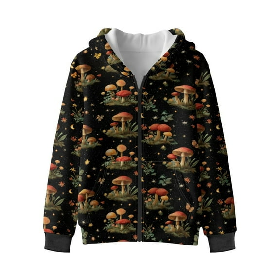 Xixirimido Mushroom and Floral Printed Kids Hoodies for Boys Girls Zip Up Hoodie Sweatshirt 3D Graphic Long Sleeve Pullover Top with Pocket for Fall Winter for 12-14 Years