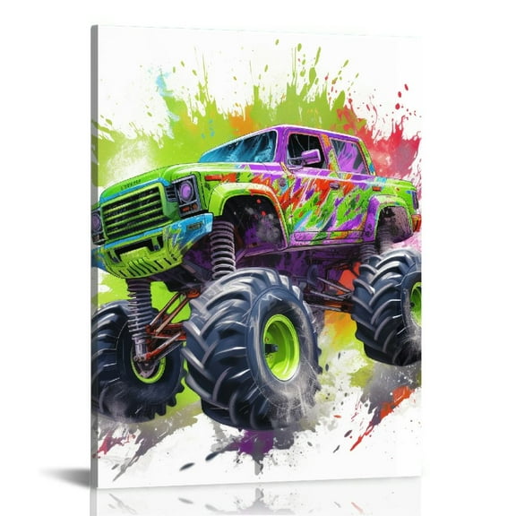 EastSmooth Monster Truck Canvas Wall Art Vintage Monster Trucks Wall Decor for Bedroom Car Posters Wall Art Cartoon Watercolor Vehicle Pictures Home Decoration