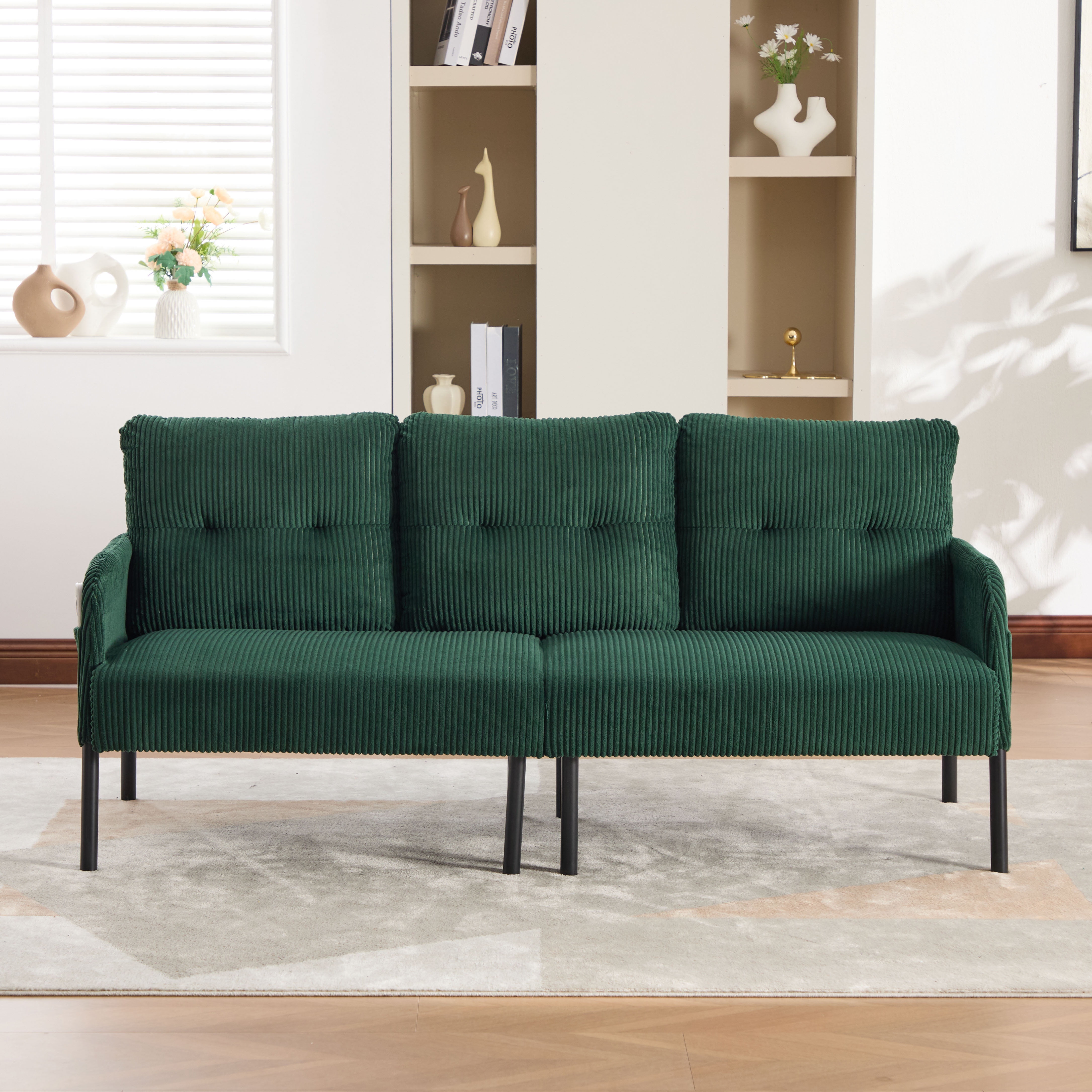 S-HOME Modern Plush Corduroy Upholstered Loveseat with Dual Side Pockets and Metal Legs, Sofa for Apartment, Emerald