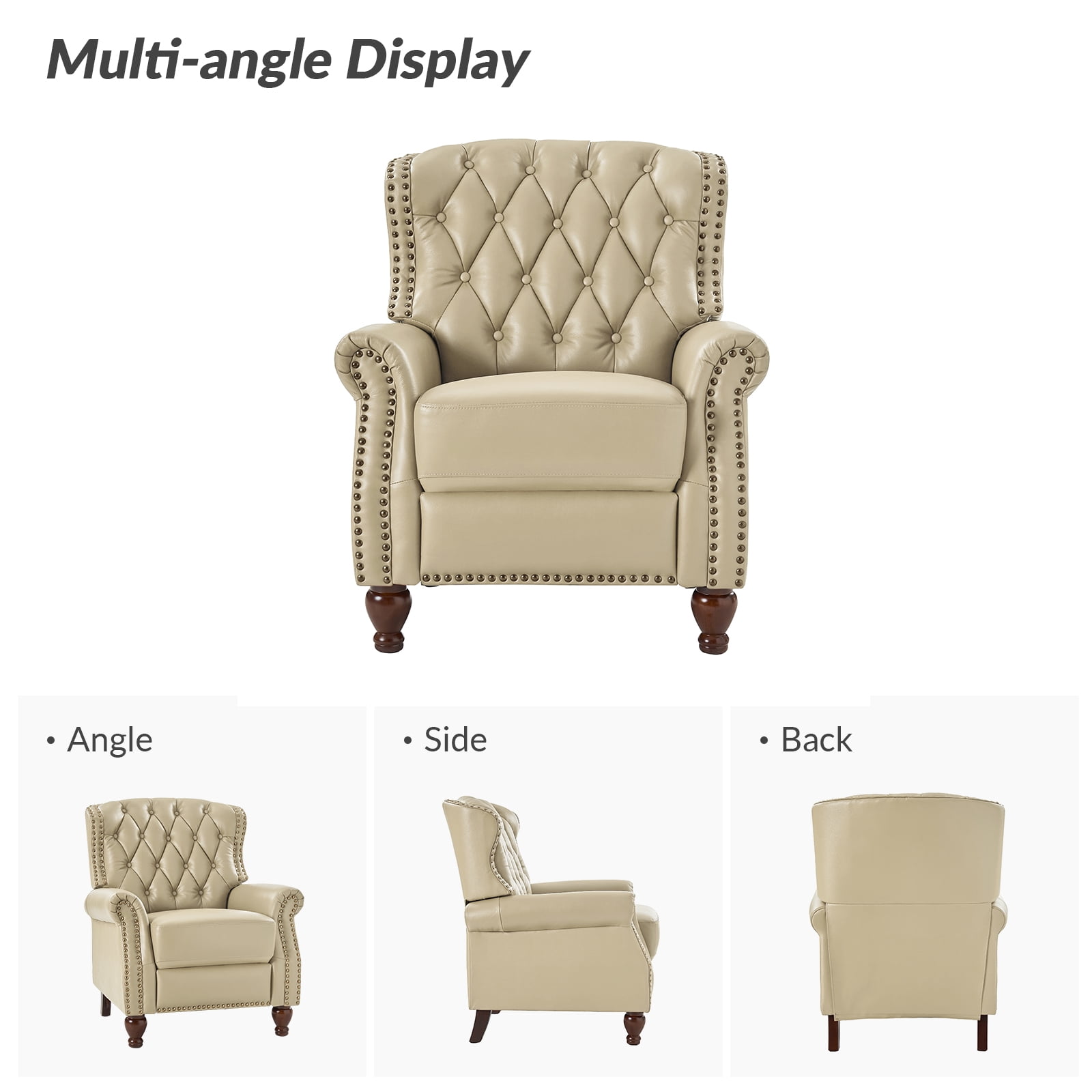 Traditional Genuine Leather Push Back Wingback Recliner Chair Tufted with Nailhead Trims and Solid Wood Legs for Living Room Beige