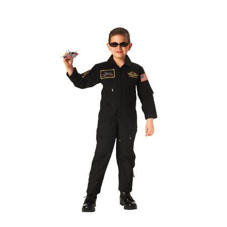 Junior G.I. Top Gun Flight Coveralls with Patches, Pilot Costume, Black