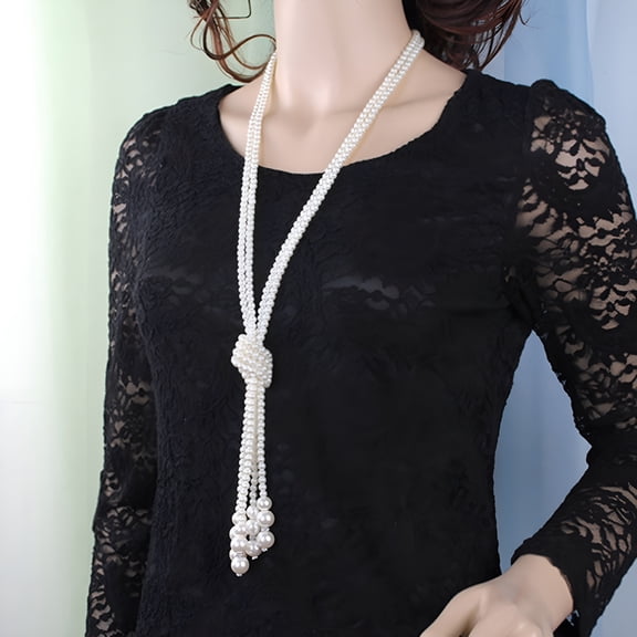 DESIGNICE 2026 New Faux Pearl Necklace White Color Knotted Beaded Long Tassel Neck Chain Elegant Dress-Up Alloy Jewelry Women Dress Sweater Necklace Accessories Jewelry Gift White