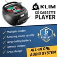 thumbnail image 2 of KLIM Reproductor de CD + cinta de casete, Boombox de CD Bluetooth, radio AM/FM, sonido estéreo, control remoto, combo de reproductor de CD y casete, grabación de cinta, unidad USB, AUX, reproductor de, 2 of 5