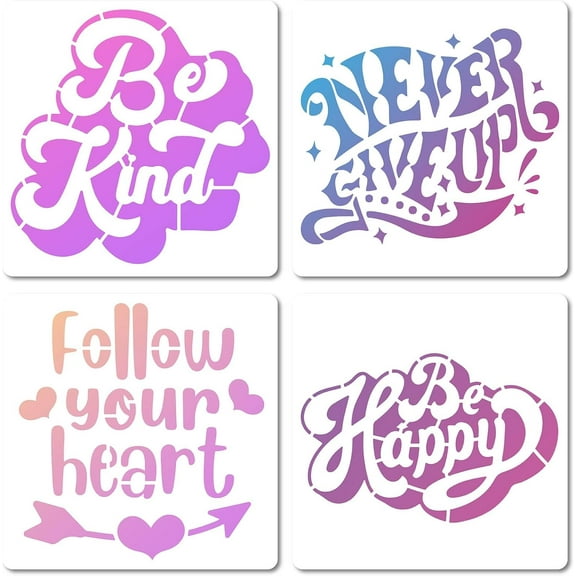 4Pcs 4 Styles Inspirational Words Painting Stencils Be Happy Plastic Templates Be Kind Follow Your Heart Paint Stencil Never Give up Reusable Template for Wall Wood Tile Floor Furniture DIY