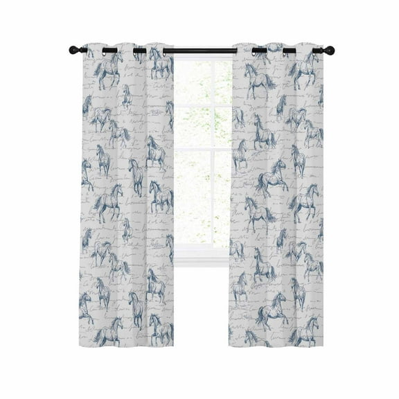 Running Horse Blackout Curtains 54 Inches Long for Bedroom, Retro Blue Minimalist Animal Sketch Thermal Insulated Room Darkening Black Out Window Curtain Panels Grommet Drapes for Living Room