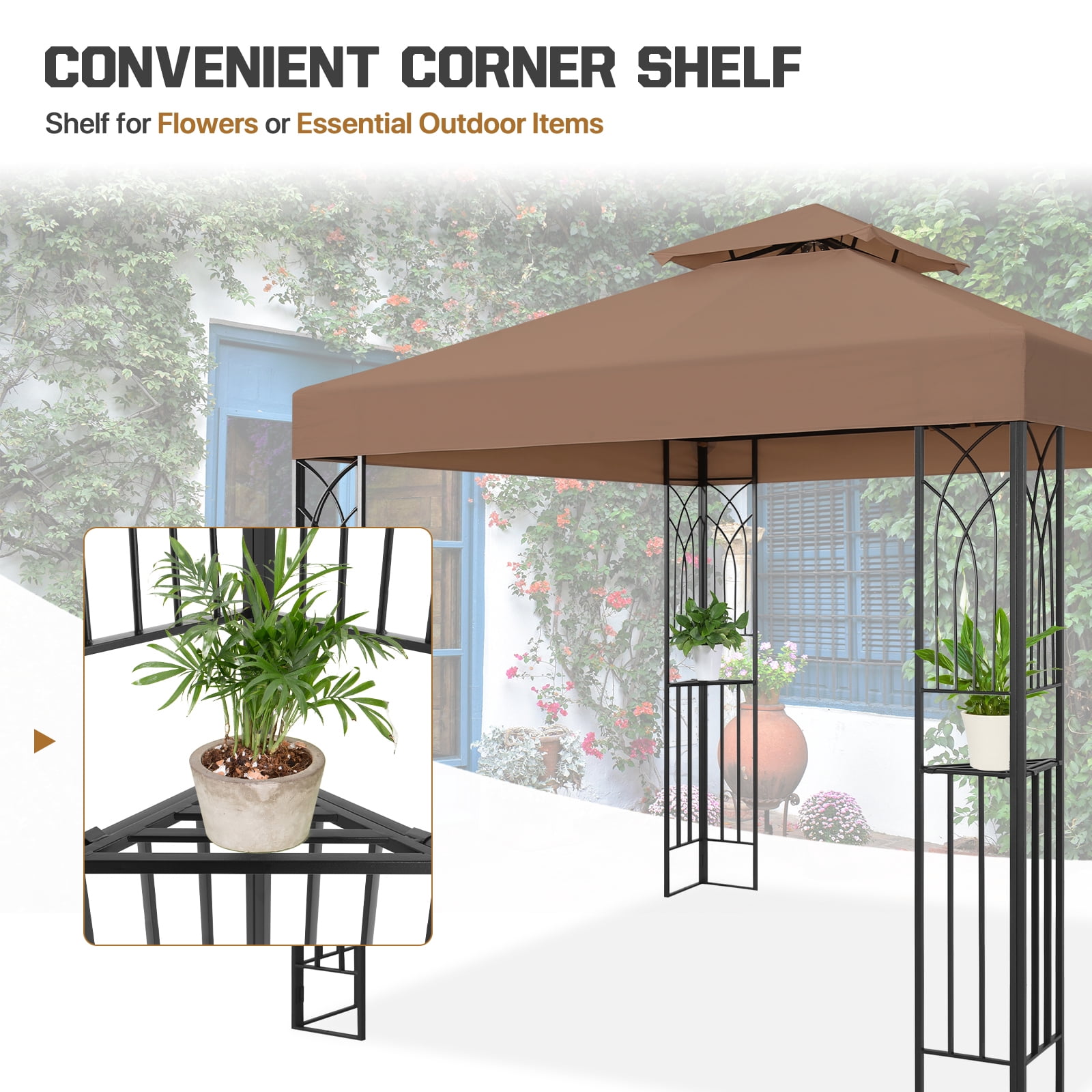 COOS BAY 8x8 Outdoor Patio Gazebo with Corner Shelves, Two-Tier Soft Top Canopy for Backyard, Lawn, Deck and Garden, Brown