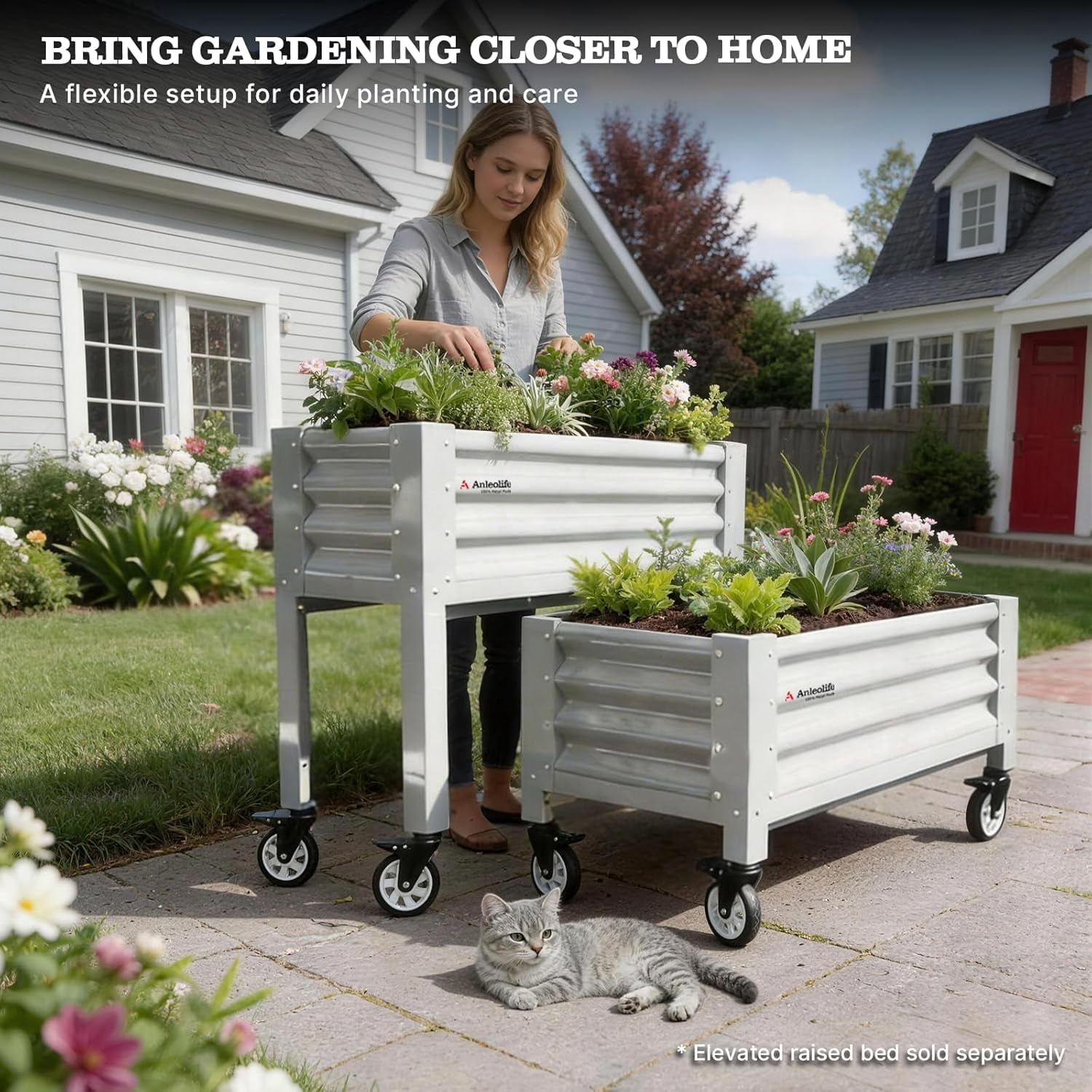 A ANLEOLIFE Low Profile Elevated Garden Bed 4ft x 2ft - 22in Raised Planter Box with Legs with Stainless Steel Caster, Extra Spacious for Gardening Vegetables Flowers, 600lb Capacity, Antique White