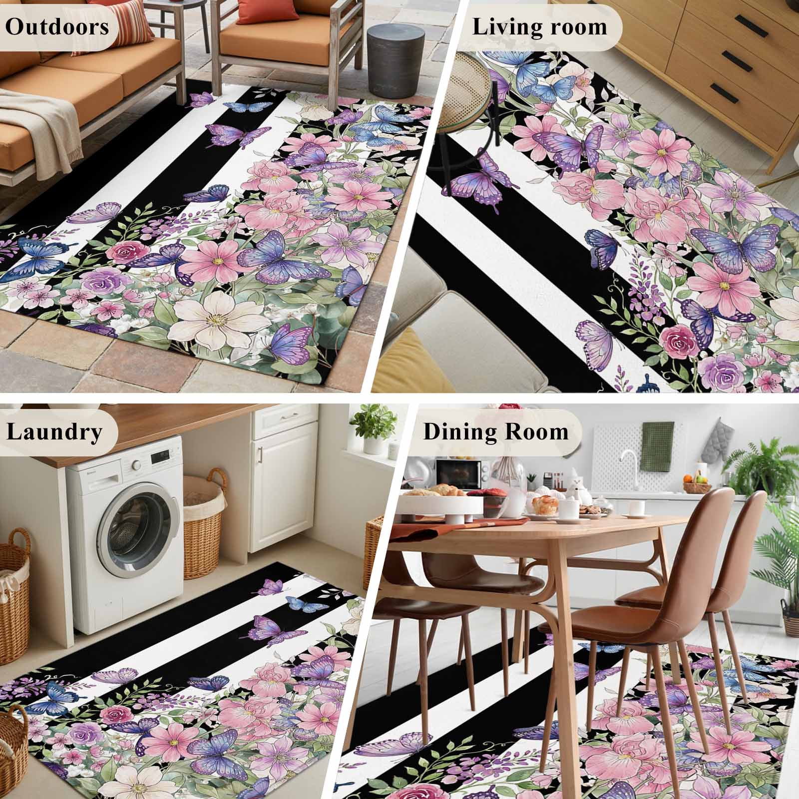 3'x5' Area Rugs, Pink Flowers Indoor Outdoor Area Rug for Living Room Bedroom, Spring Floral Watercolor Botanical Farmhouse Striped Bathroom Rugs Kitchen Floor Carpet Mats Home Decor Aesthetic