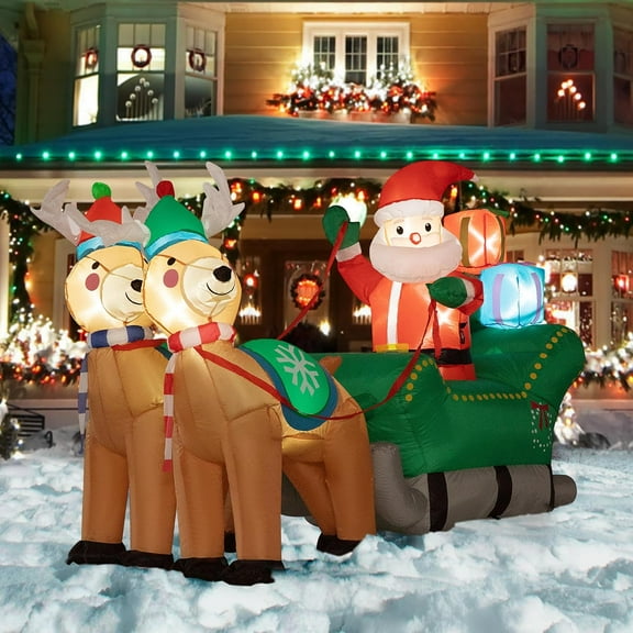 VIVOHOME 6.9ft Long Christmas Inflatable LED Lighted Santa on Gray Sleigh with Reindeers and Gift Boxes Blow up Outdoor Yard Decoration