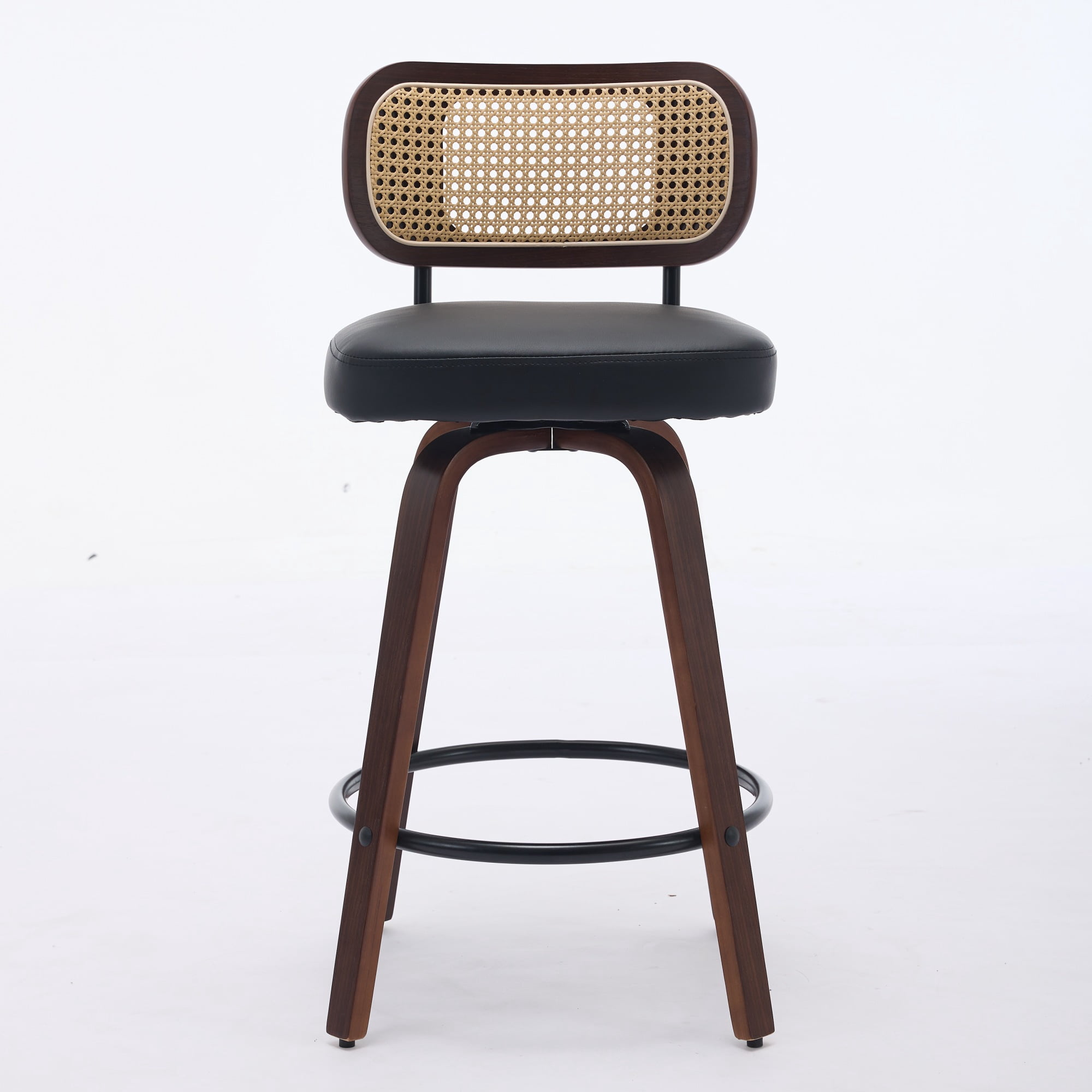 Oufan Swivel Bar Stools Set of 3, Wooden Counter Height Bar Chairs w/ Upholstered Seat & Rattan Backrest, Farmhouse Barstool for Kitchen Island,Cafe