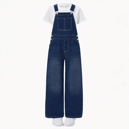 KPOPLK Girls Overalls Denim Stretch Straight Leg Jeans Overall Regular Fit Bib Jean Jumpsuits Comfy Adjustable Straps Size 9-10 Years Blue