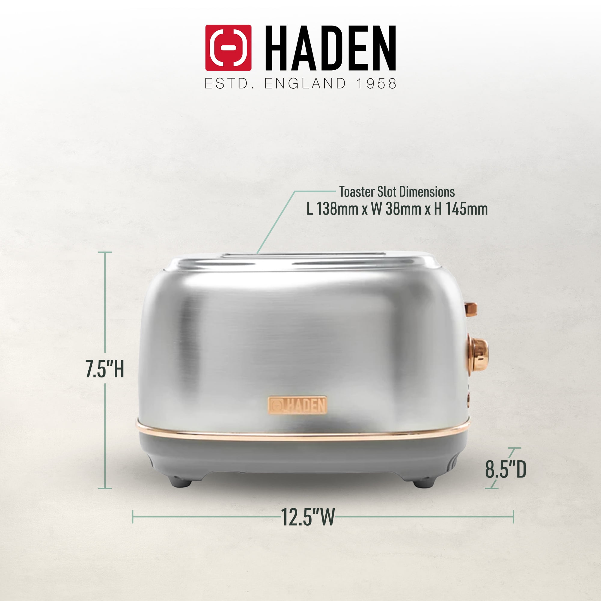 Open Box Haden 2 Slice Wide Slot Toaster w/Removable Crumb Tray, Steel/Copper