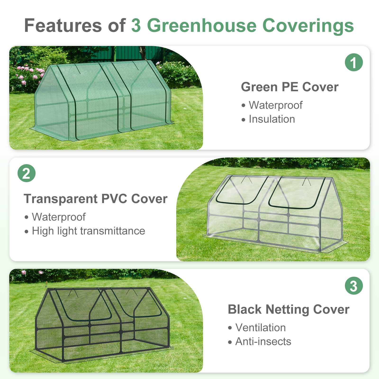 Aoodor 6 ft. x 3 ft. x 3ft. Mini Greenhouse with 2 Zipper Doors, Water Resistant UV Protected for Flowers, vegetables and herbs with 3 Covers