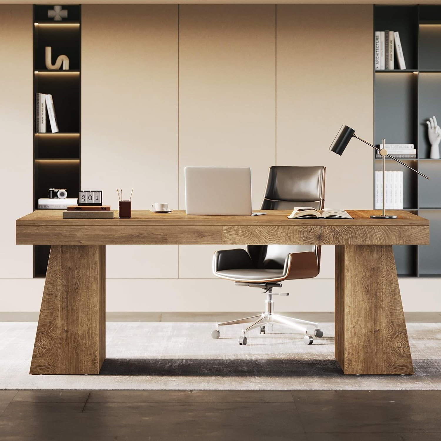 Finmind Large Wood Executive Desk, 55" Rectangle Office Desk with Double Pedestal, Modern Minimalist Computer Desk Workstations Conference Table Furniture for Home Office(Light Brown)