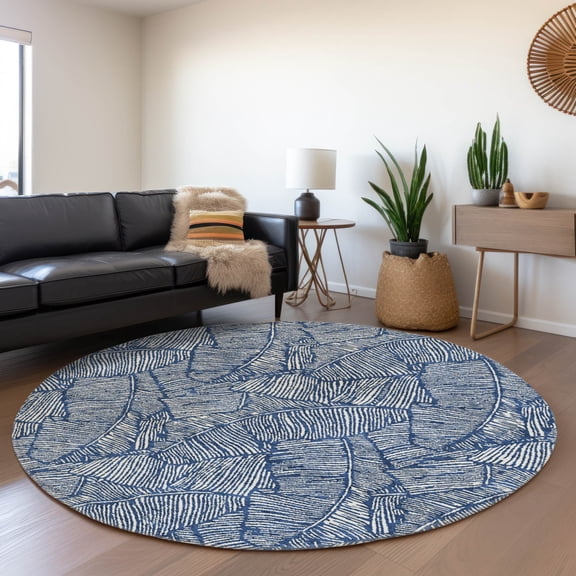 Addison Rugs Chantille Indoor/Outdoor Transitional Floral Navy Washable Round Rug, 8' x 8'
