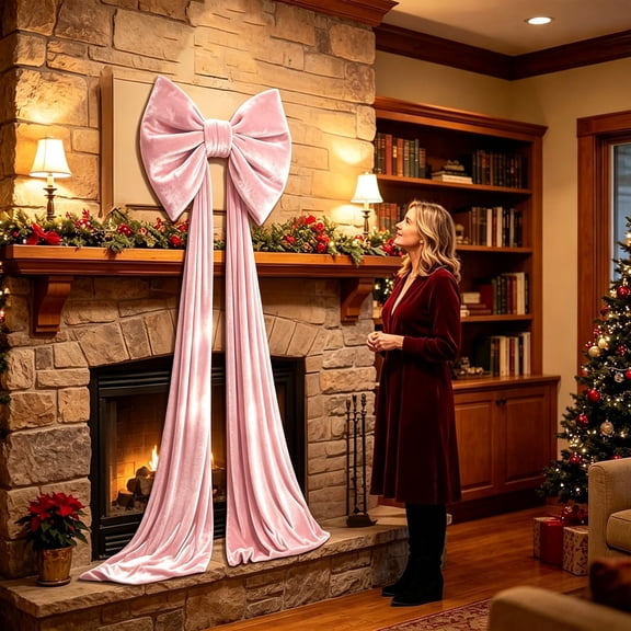 Large Pink Velvet Christmas Tree Topper Bow, 79 × 16 Inch Giant Ribbon Bow for Door, Stairway, Party Backdrop & Holiday Decor