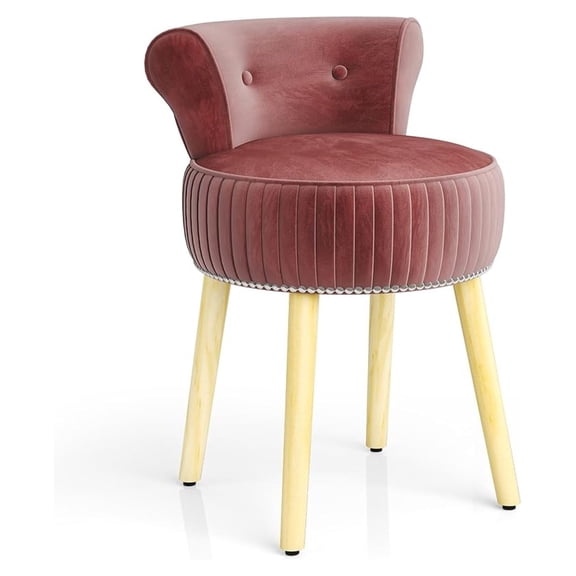 Vanity Chair for Bedroom, Accent Chair with Tufted Low Back, Solid Wood Legs, Upholstered Seat, Modern Makeup Stool for Dressing Room, Home Office (Burgundy & Natural)