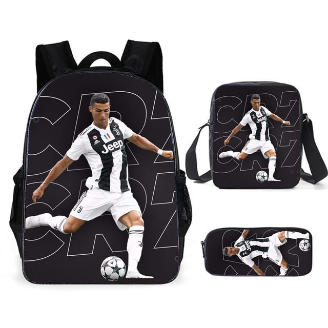 Conjunto de mochila infantil de 3 piezas con diseños de jugadores de fútbol para el colegio.