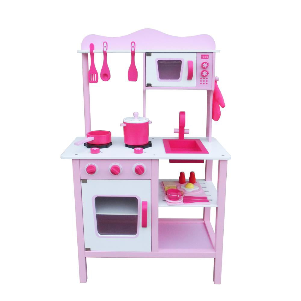 Ktaxon Wooden Kitchen Toy Pretend Kids Children Role Play Set for Girl  Cooking Food Playset Pink
