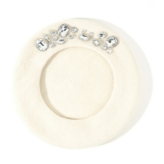 HEVIRGO 1PC French Beret Thick Rhinestone Decor Solid Color Brimless Thermal Decorative Wool Artist French Style Painter Hat Women Headwear,White