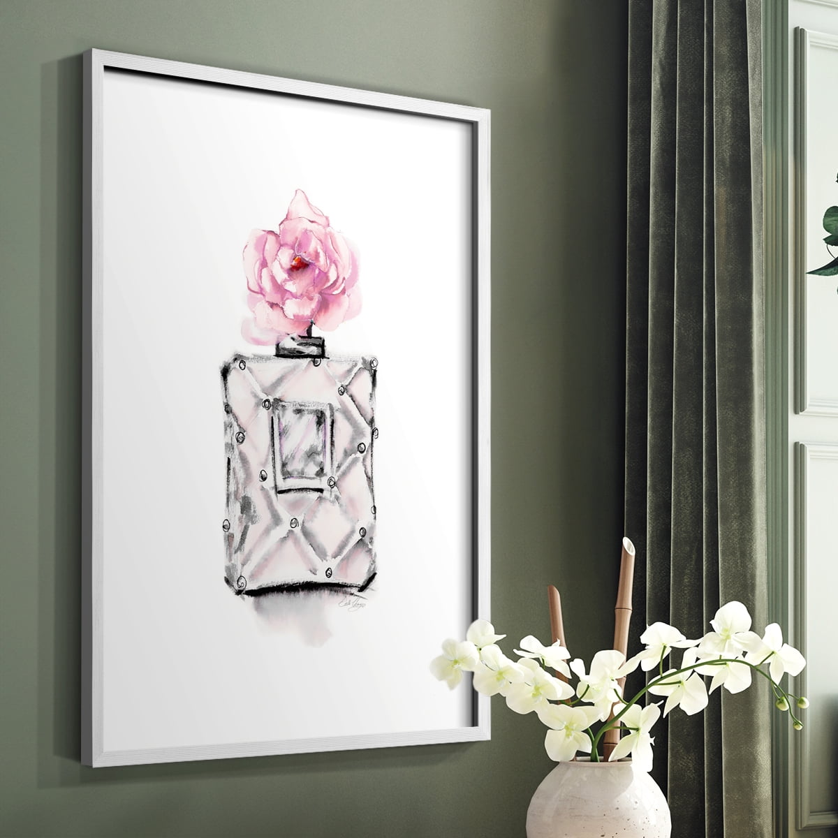 Perfume Bottle in White Solid Wood 11 x 14 Framed Print