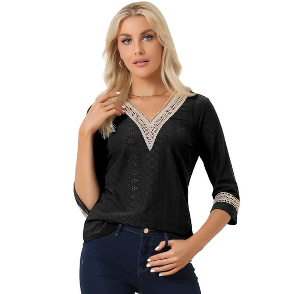 DARING DIVA Women's Dressy Boho Hollow Lace Trim 3/4 Sleeve Blouse L Black