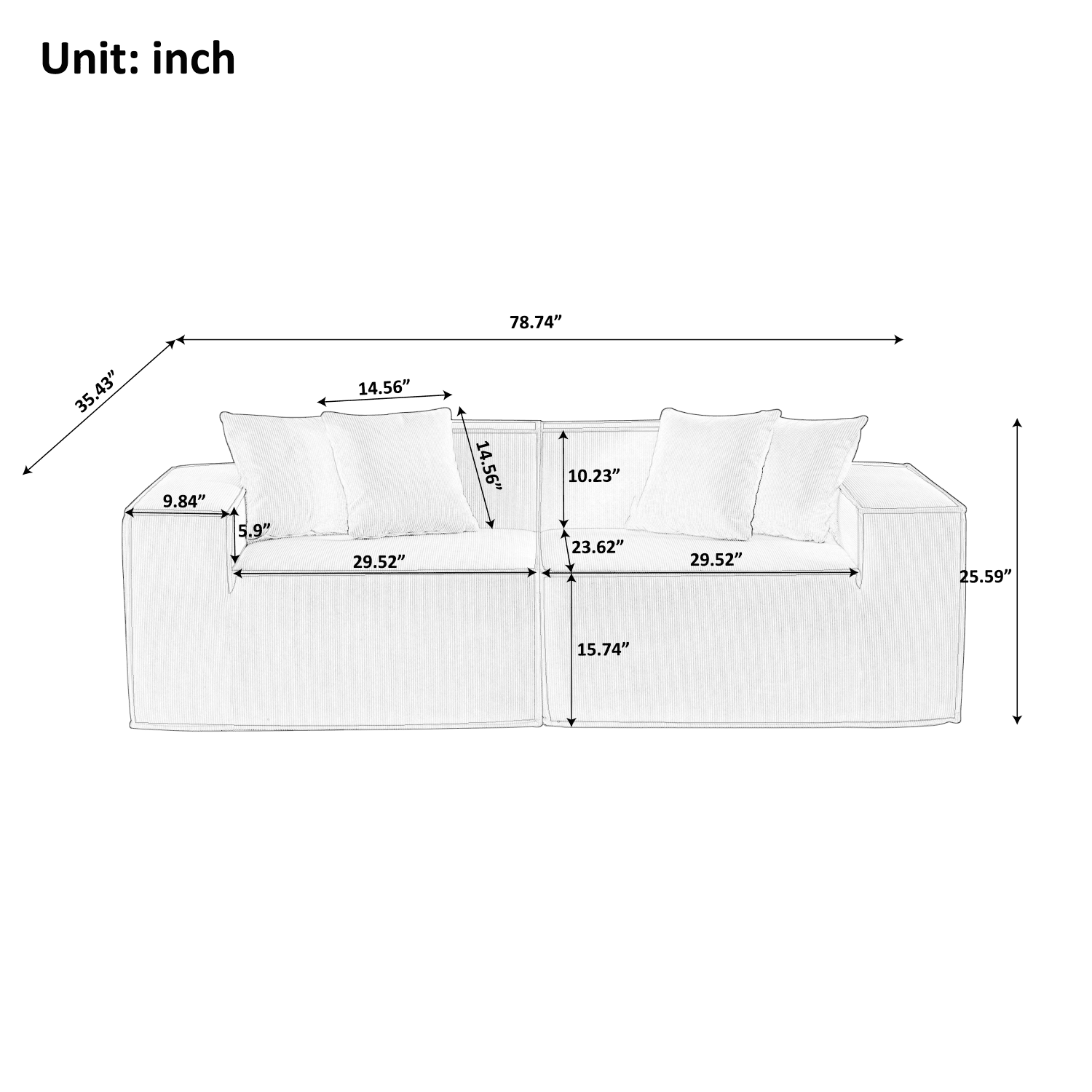 Gewnee Luxury Deep Seat Modular Loveseat with Soft Corduroy Upholstery - Compact, Versatile for Small Modern Living Rooms