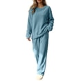 thumbnail image 2 of Women's Two Piece Lounge Set Women Fashion Casual Solid Color Round Neck Long Sleeved Long Pants Set for Home Keep Warm Comfortable Homewear Blue Free Size, 2 of 5
