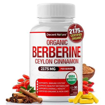 Decent Nature Organic Berberine with Ceylon Cinnamon 2175mg Berberine Supplement 90 Capsules
