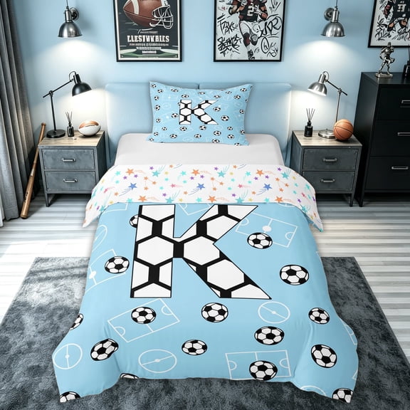 meiyoeat Soccer Letter K Twin Duvet Cover for Boys Kids, Ball Field Twin Bedding for , Blue, Colorful Stars Reversible 2-Piece, 1 Duvet Cover and 1 Pillowcase (No Comforter)