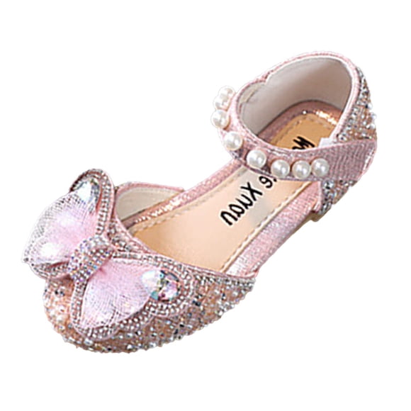 LOVZFMLL Girls Dress Shoes Glitter Mary Jane Sandals Lace Butterfly for Wedding Party Prom Princess Toddler Kids Footwear Pink 5-5.5 Years