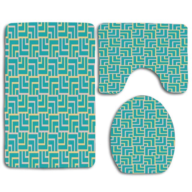 ABPHQTO Formas de estilo de arte turquesa como líneas de cuadrados geométricos Juego de alfombras de baño de 3 piezas Alfombra de baño Alfombra de contorno y tapa de inodoro ABPHQTO Cont-CHAPPLE-27000