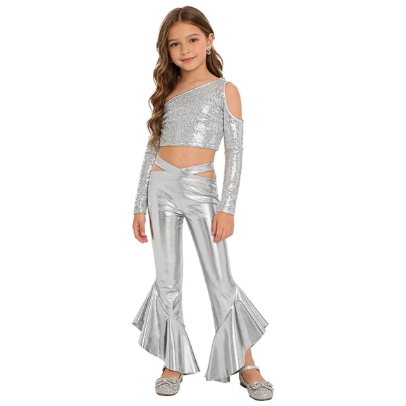 SiiRoh Girls Jazz Tango Disco Dance Outfit Oblique Shoulder Tassel Sequin Crop Top and Metallic Flare Pants Set Silver 14