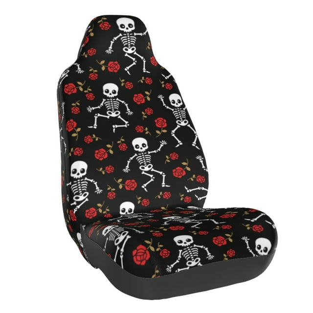 Wukai Skeleton with Roses Full Set Car Seat Covers with Soft Padding Universal Auto Front Seats Protector and Cushion Mat