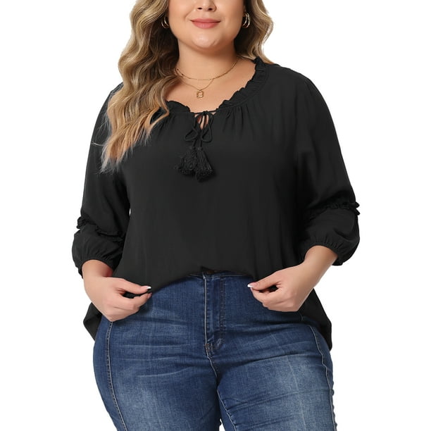 Blusas de mujer de tallas grandes Agnes Orinda con flecos, manga 3/4, escote en V y lazo, 4X, negras