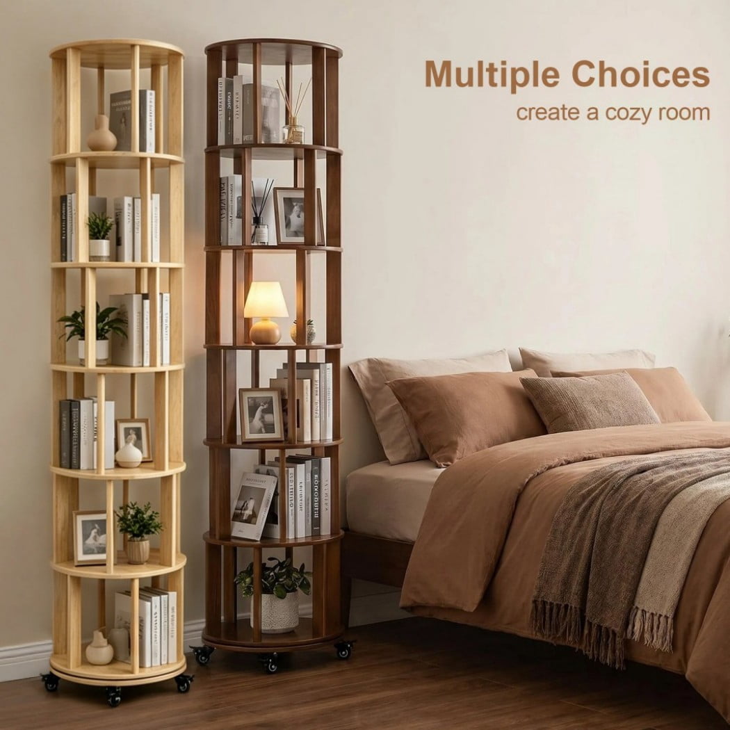 6-Tier Rotating Bookshelf, Solid Wood Spinning Bookcase Tower with Locking Wheels, 360° Display Round Bookshelf for Small Spaces, Walnut